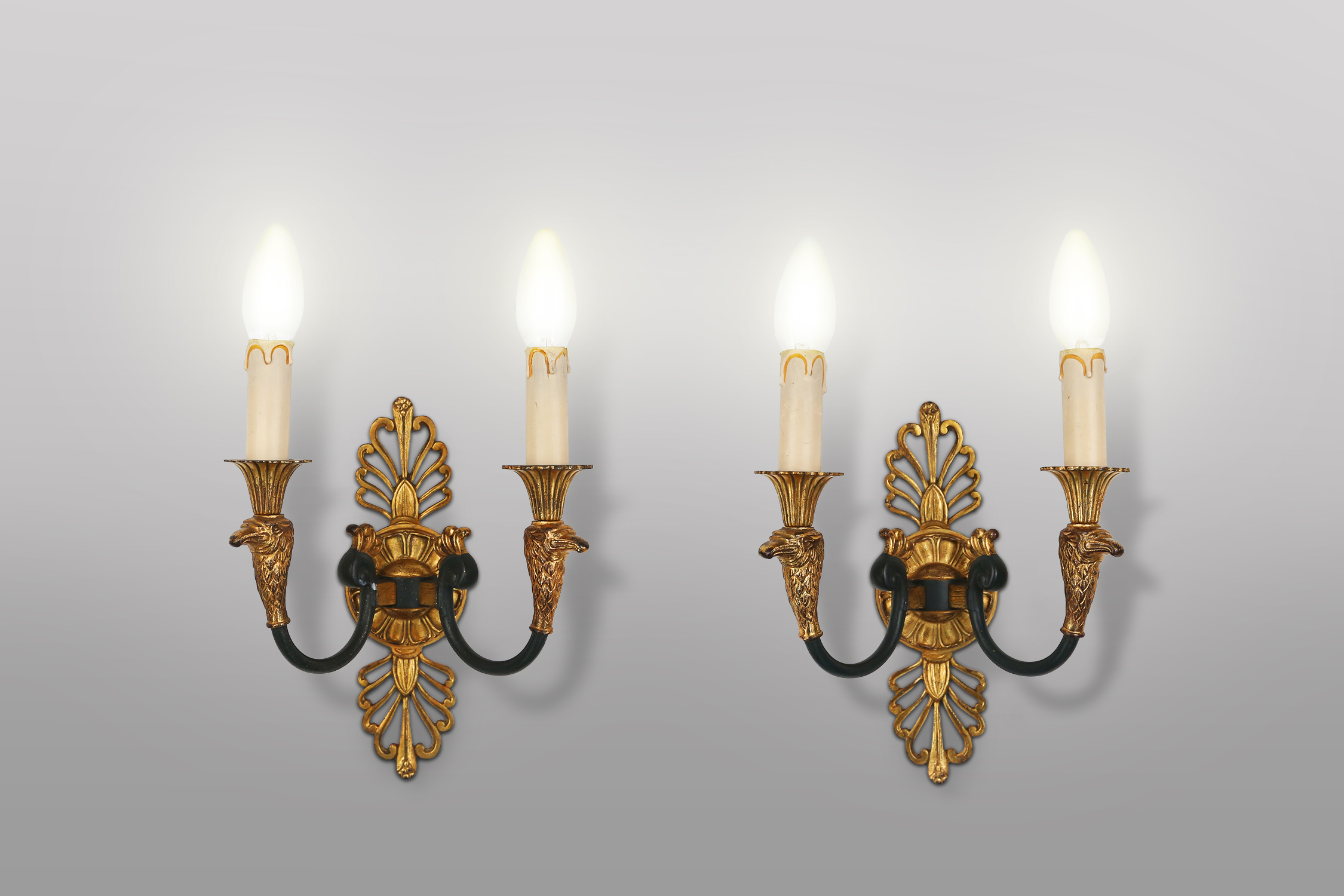 Impressive set of a large bronze Empire Chandelier with 2 wall lights, Belgium ca. 1950thumbnail